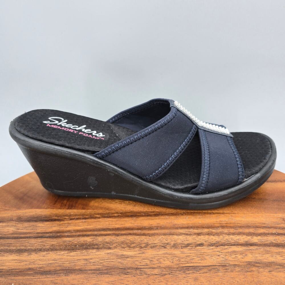 Skechers Sandals Womens 9 Black Dark Navy Rhinestones Rumblers Comfort Wedge